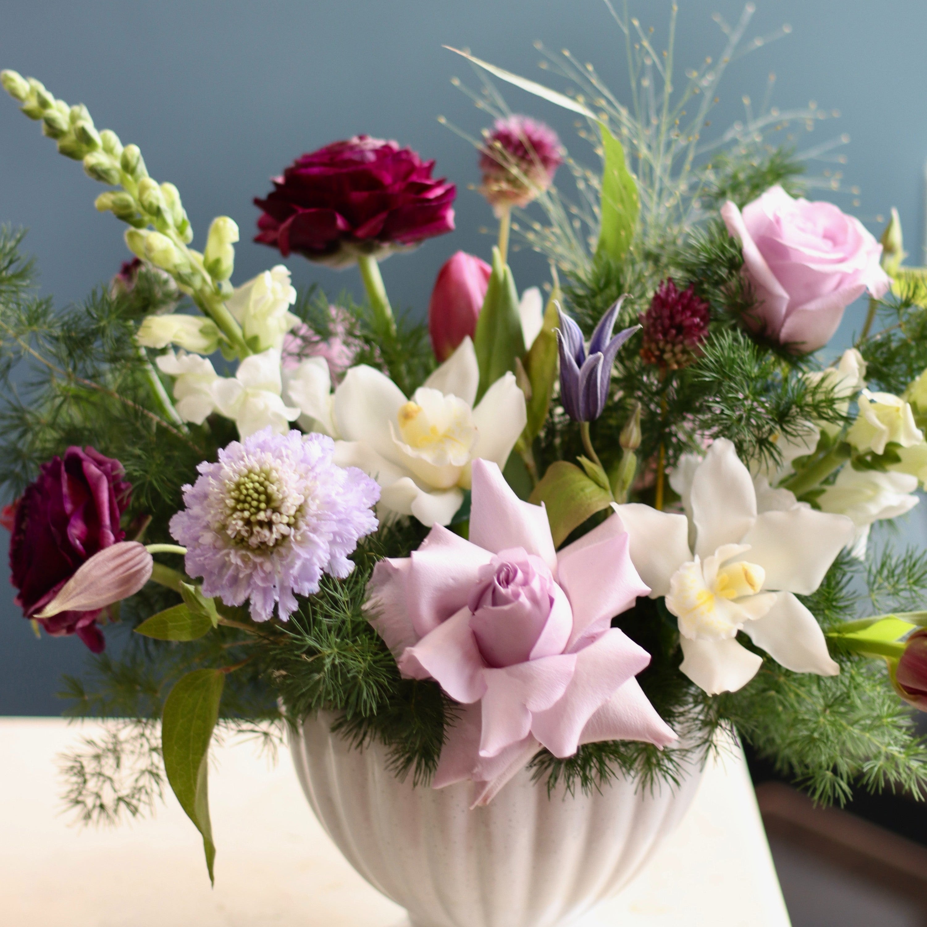 Floral arrangement in lavender shades, serene and effortless style